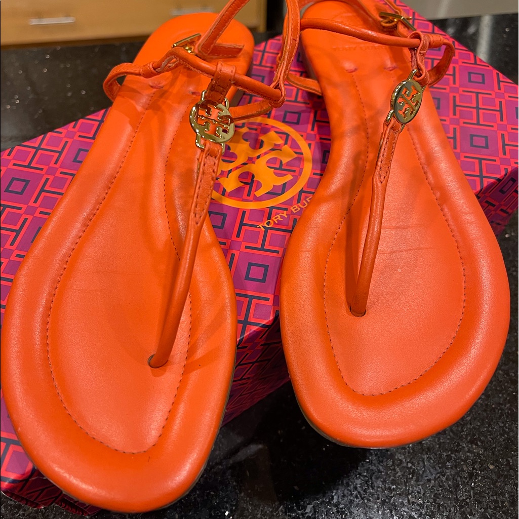 Tory Burch 8.5m Bright Poppy Orange Mini Miller Type All Leather Strap Sandals